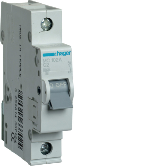 Hager 1P 6kA C-2A 1M Circuit Breaker, MCN102