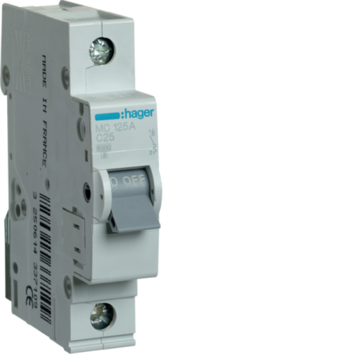 Hager 1P 6kA C-25A 1M Circuit Breaker, MCN125