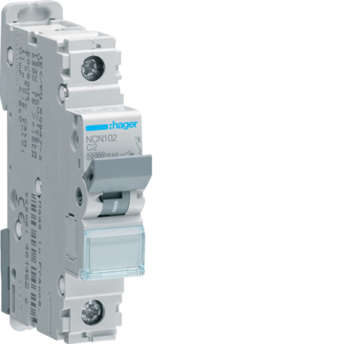 Hager 1P 10kA C-2A 1M Circuit Breaker, NCN102