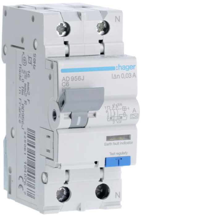 Дифавтомат Hager ADA956D 1P+N 6kA C-6A 30mA A