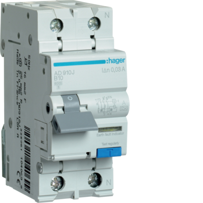 Дифференциальный автоматический выключатель ADA910D 1P+N 6kA B-10A 30mA Hager