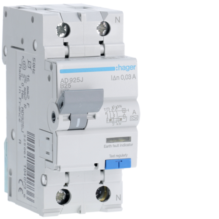 Residual current circuit breaker ADA925D 1P+N 6kA B-25A 30mA Hager