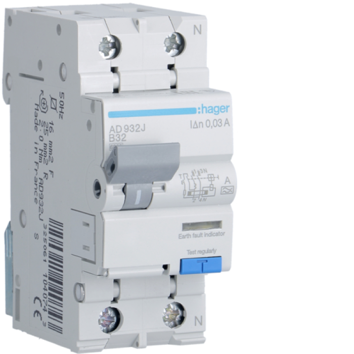 Residual current circuit breaker ADA932D 1P+N 6kA B-32A 30mA Hager