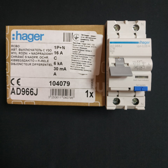 Hager ADA966D residual current circuit breaker 1P+N 6kA C-16A 30mA A