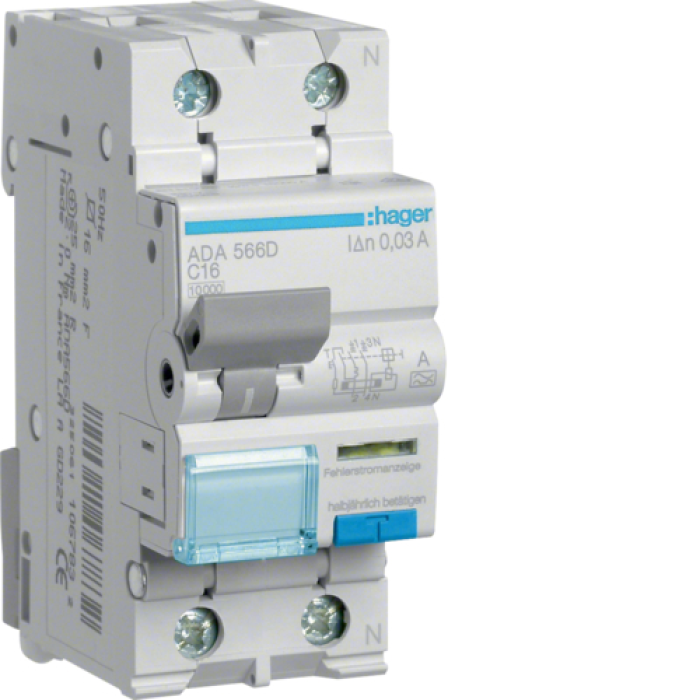 Residual current circuit breaker 1P+N 10kA C-16A 30mA, Hager ADA566D