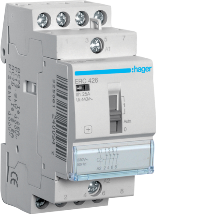 Контактор Hager, з ручним керуванням 25A, 4НЗ, 230В ERC426
