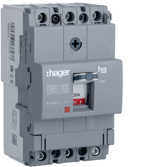 Автоматический выключатель Hager x160. In=20А. 3п. 18kA. Тффикс./мффикс., HDA020L