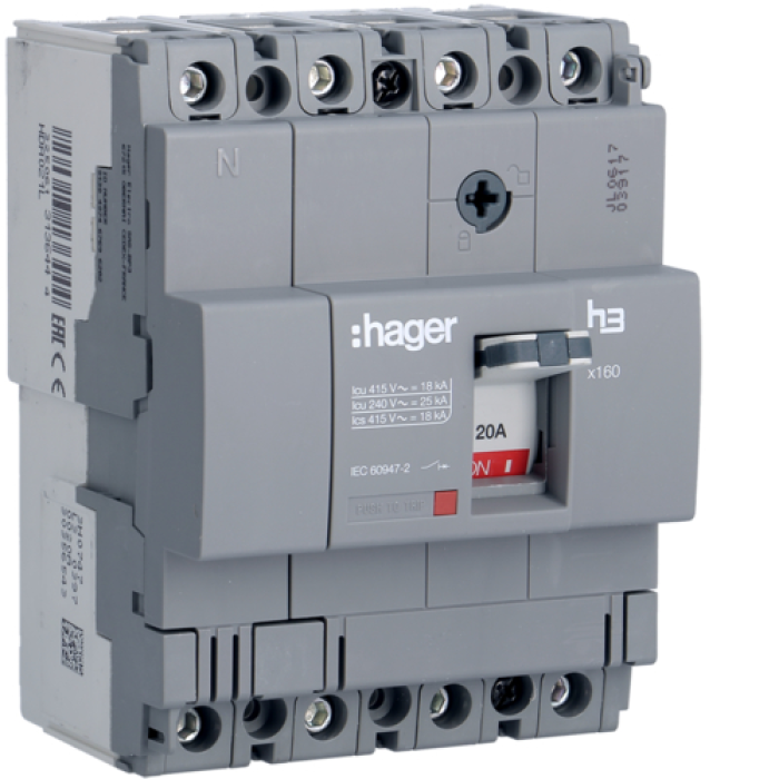 Автоматический выключатель Hager x160. In=20А. 4п. 18kA. Тффикс./мффикс., HDA021L