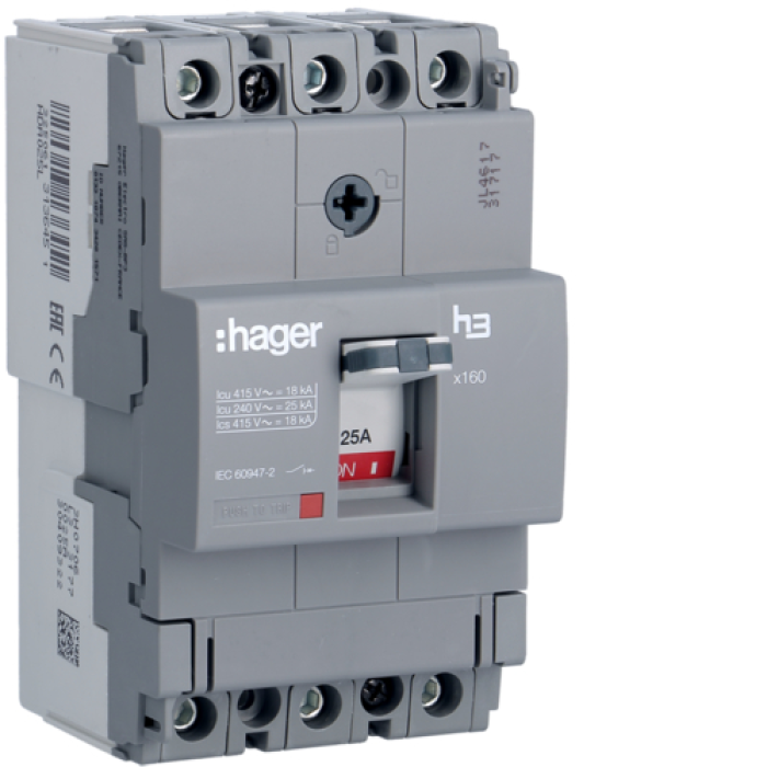 Автоматичний перемикач Hager x160. In=25А. 3п. 18kA. Тфікс./мфікс., HDA025L