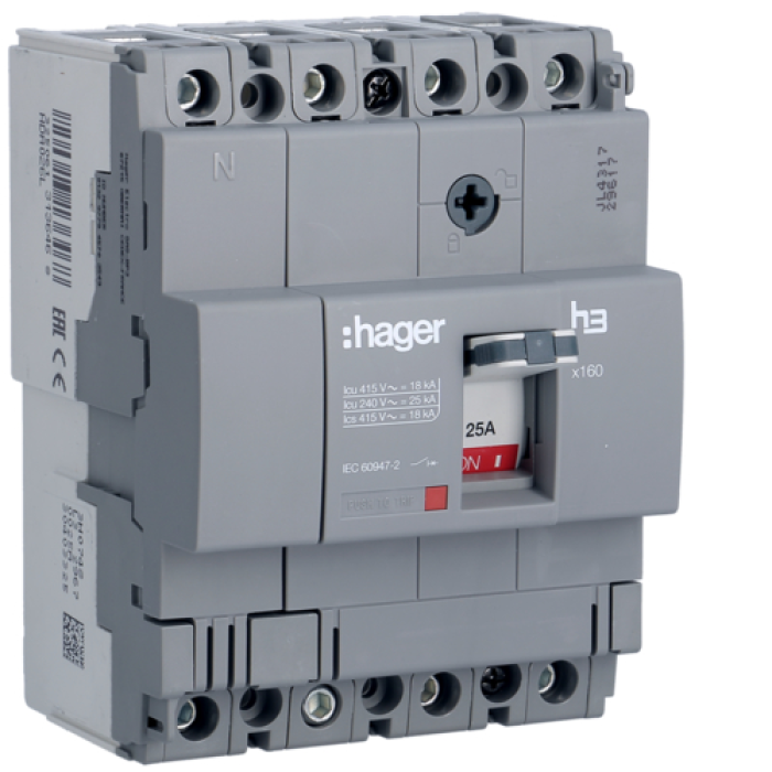 Hager circuit breaker x160. In=25A. 4 points. 18kA. Tffix./Mffix. HDA026L