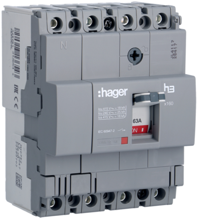 Автоматический выключатель Hager x160. In=63А. 4п. 18kA. Тффикс./мффикс., HDA064L
