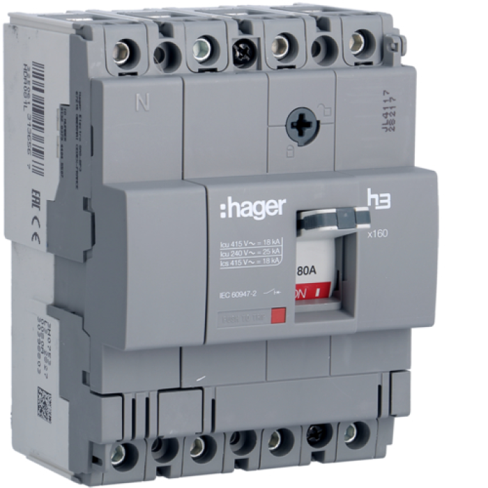 Hager circuit breaker x160. In=80A. 4 points. 18kA. Tffix./Mffix., HDA081L