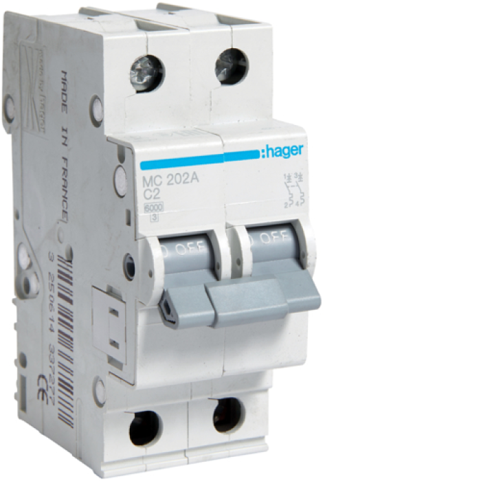 Hager 2P 6kA C-2A 2M Circuit Breaker, MCN202