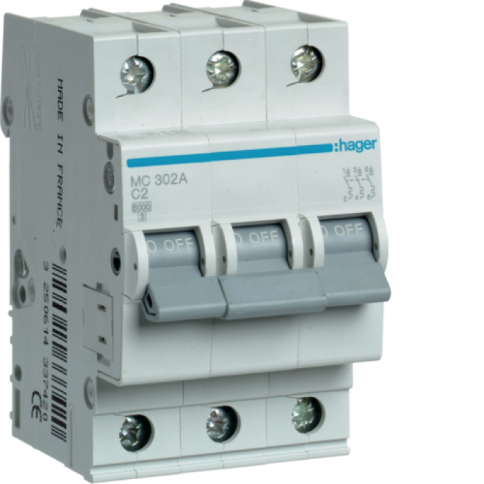 Hager 3P 6kA C-2A 3M Circuit Breaker, MCN302