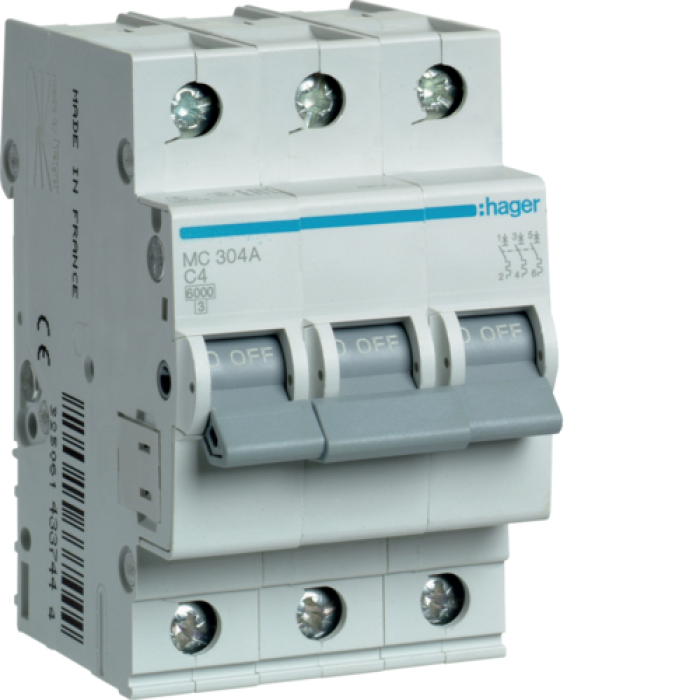 Hager 3P 6kA C-4A 3M Circuit Breaker, MCN304