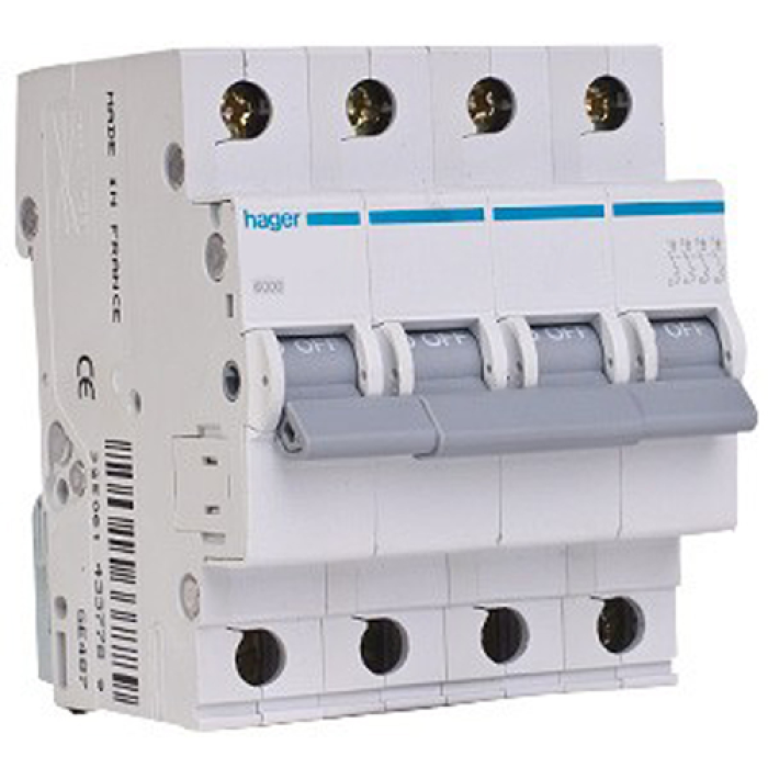 Hager 4P 6kA C-2A 4M Circuit Breaker, MCN402