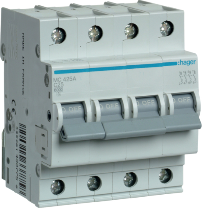 Hager 4P 6kA C-25A 4M Circuit Breaker, MCN425