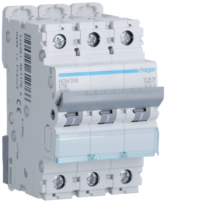 Hager 3P 10kA D-16A 3M Circuit Breaker, NDN316