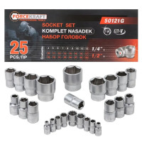 Набор головок в металлическом кейсе 25 пр. 1/2'', 1/4'' (6-гр.) FORCEKRAFT FK-50121G