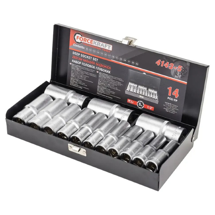 Set of deep sockets in a metal case 14 pcs. 1/2" (6-gr.) FORCEKRAFT FK-4143-5