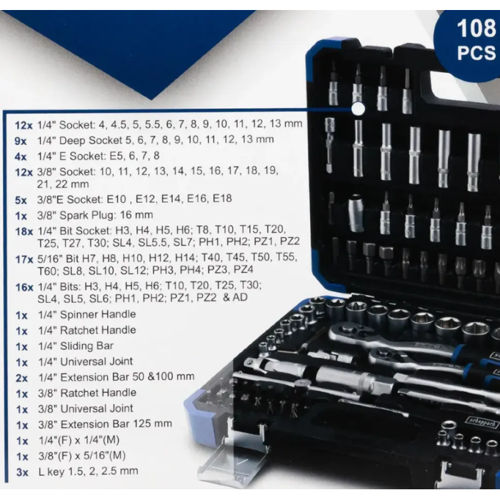 Набір інструментів 108 пр. 1/4", 3/8" (6-гр.) (4-22 мм) Scheppach SCH-41082-5DS
