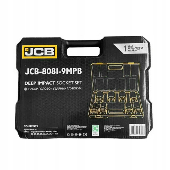 набор головок ударных глубоких 8 ед. 1'' (12-гр.) JCB Tools JCB-8081-9MPB
