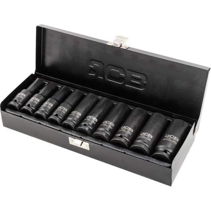 Set of deep impact sockets in a metal case 10 pcs. 1/2" (6-gr.) JCB Tools JCB-4107-5MPB