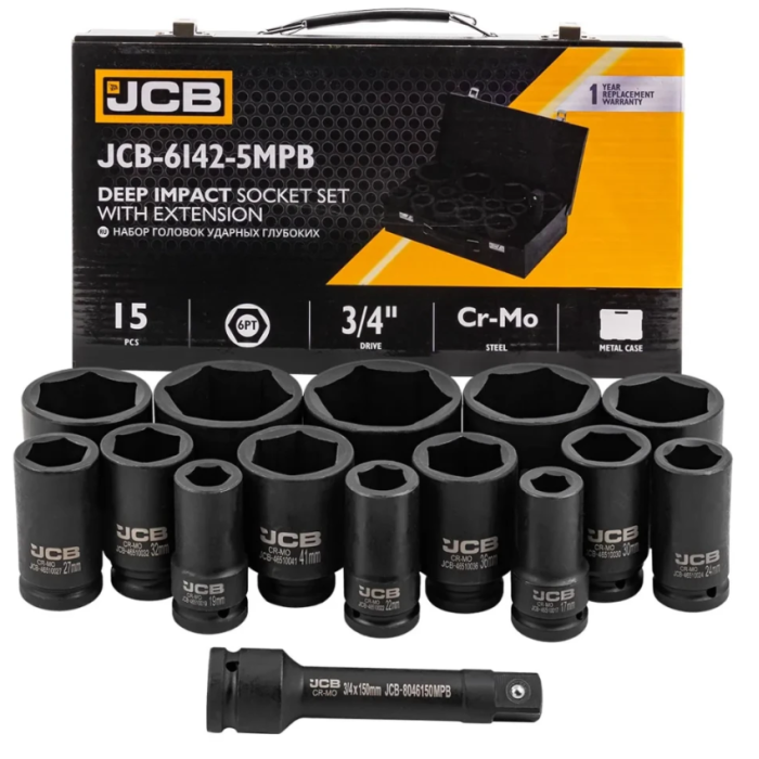 Set of deep impact sockets in a metal case 14 pcs. 3/4'' (6-gr.) (17-65 mm) JCB Tools JCB-6142-5MPB