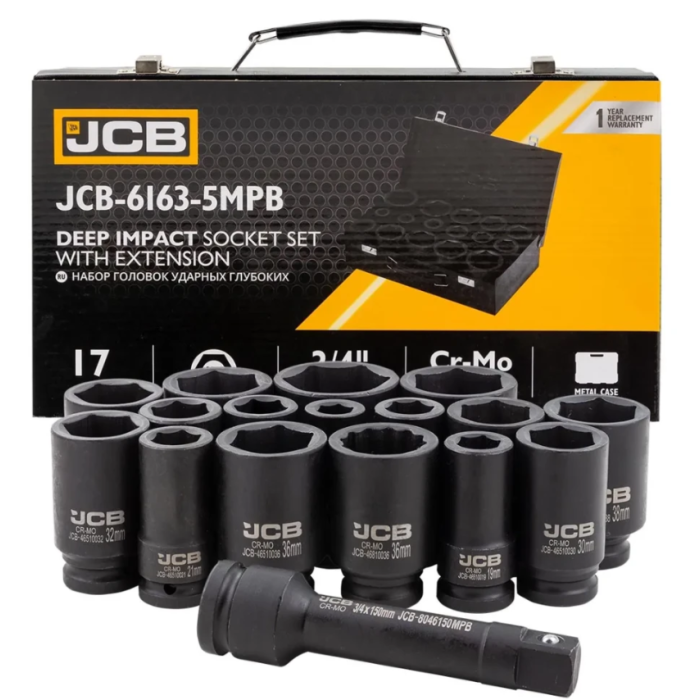 Set of deep impact sockets in a metal case 17 pcs. 3/4'' (6-gr.) (17-50 mm) JCB Tools JCB-6163-5MPB