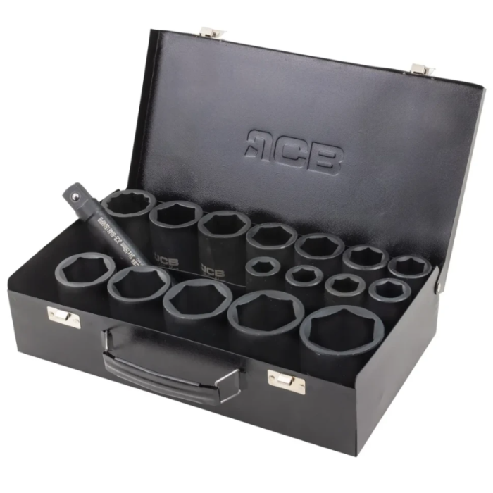 Set of deep impact sockets in a metal case 17 pcs. 3/4'' (6-gr.) (17-50 mm) JCB Tools JCB-6163-5MPB
