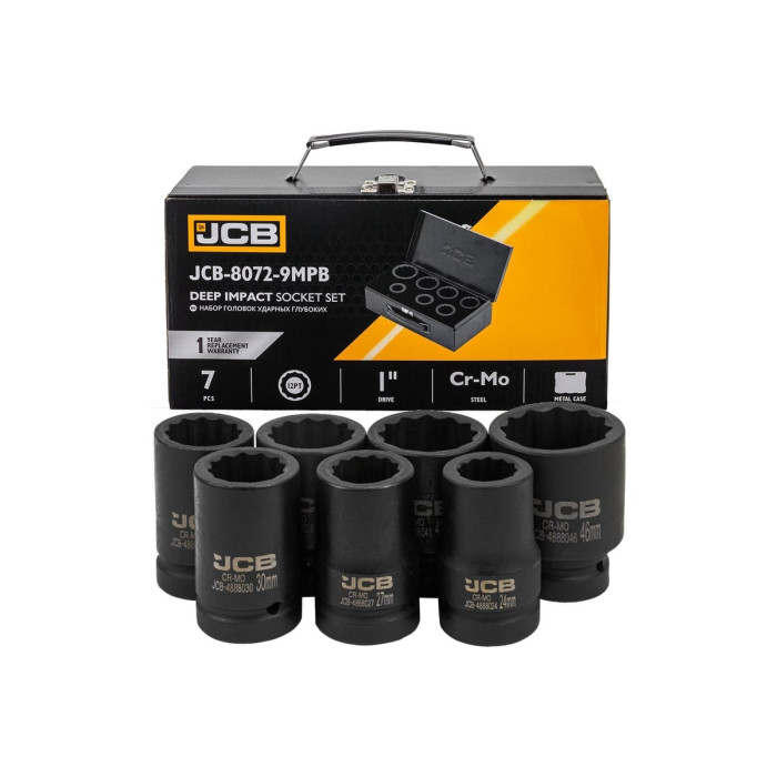 Set of deep impact sockets in a metal case 1'', 7 pcs. (12-gr.) (24-46 mm) JCB Tools JCB-8072-9MPB