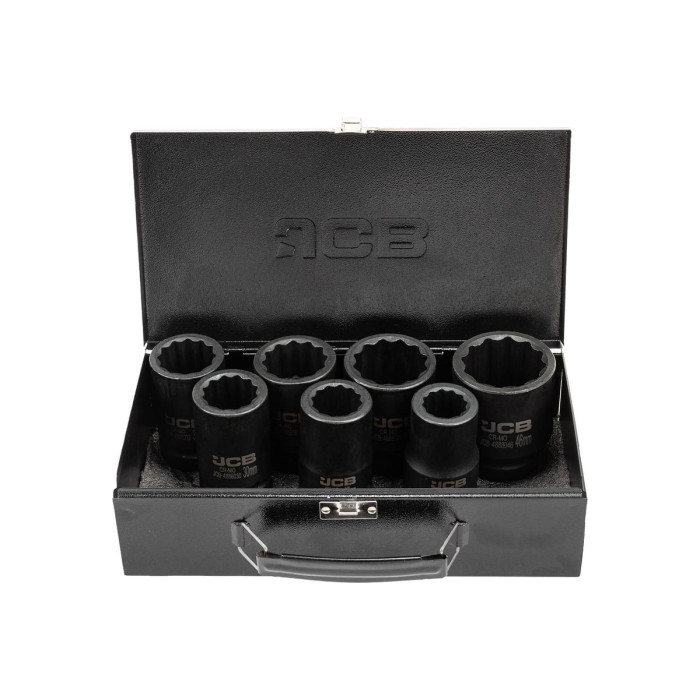 Set of deep impact sockets in a metal case 1'', 7 pcs. (12-gr.) (24-46 mm) JCB Tools JCB-8072-9MPB