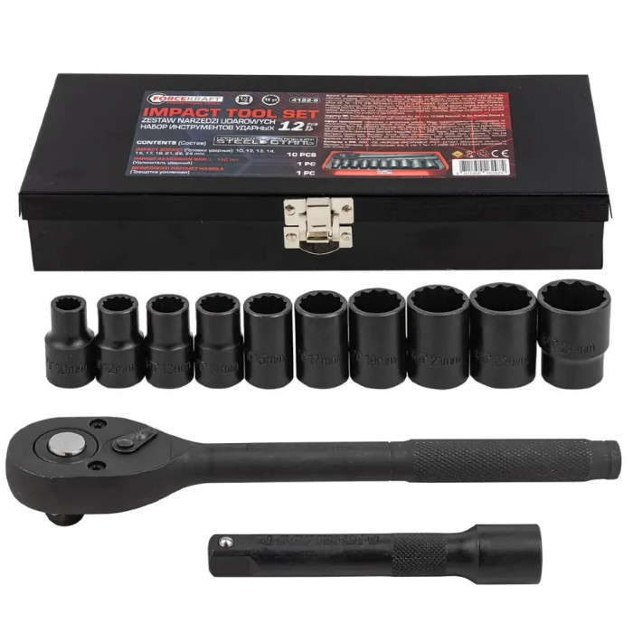 Set of impact tools in a metal case 12 pcs. 1/2" (12-gr.) (10-24 mm) FORCEKRAFT FK-4122-9