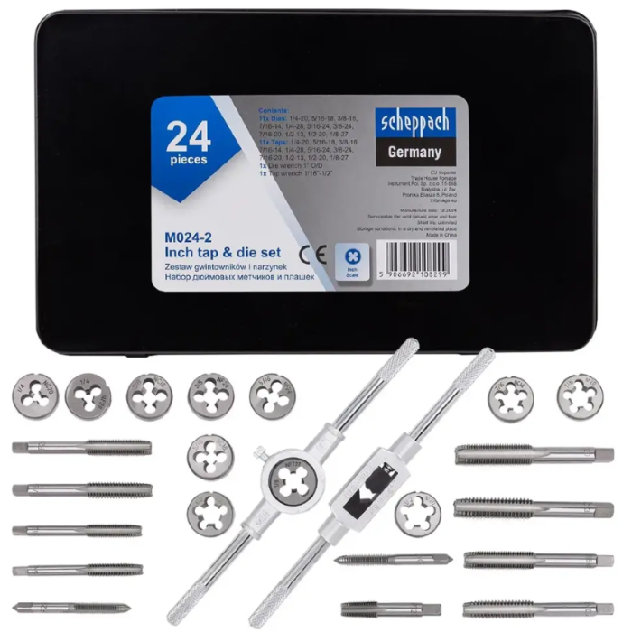 Set of inch taps and dies 24 pcs. in a metal case Scheppach SCH-M024-2