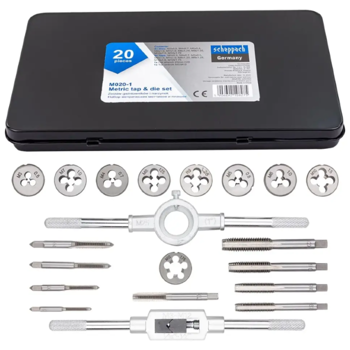 Set of metric taps and dies 20 pcs. (M3-M12) in metal case Scheppach SCH-M020-1