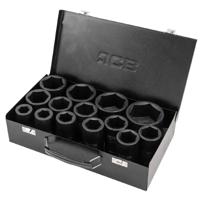 Set of deep impact sockets in a metal case 14 pcs. 1" (6-gr.) JCB Tools JCB-8152-5MPB