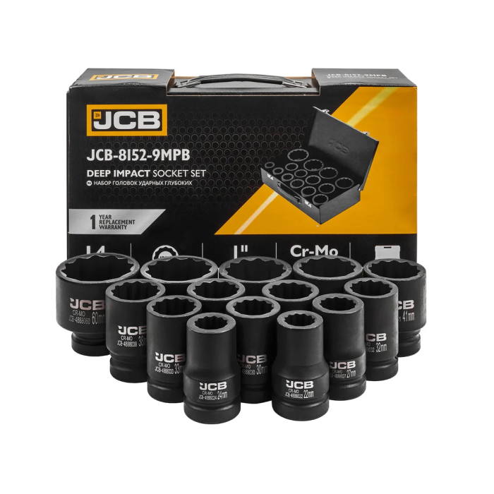 Set of deep impact sockets in a metal case 14 pcs. 1'' (12-gr.) (22-60 mm) JCB Tools JCB-8152-9MPB