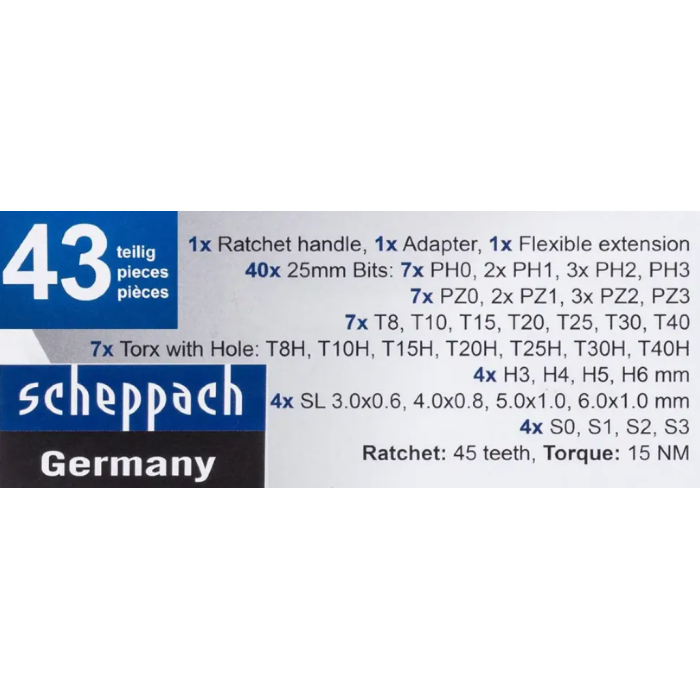 Викрутка-тріскачка з набором біт 43 пр. Scheppach SCH-30311126