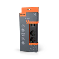 VIDEX ONCORD power extension cord with 3-pin, 3m (3x1.5mm) plug and Black button