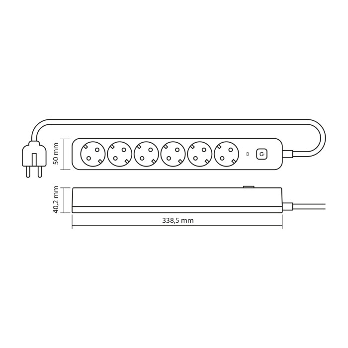 VIDEX ONCORD power extension cord with 6 pins, 3 m (3 x 1.5 mm) and a Black button