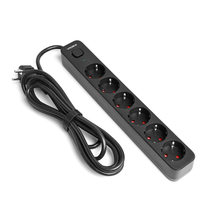 VIDEX ONCORD power extension cord with 6 pins, 3 m (3 x 1.5 mm) and a Black button