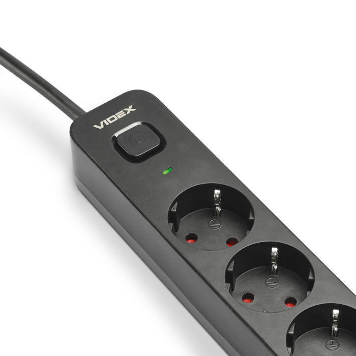 VIDEX ONCORD power extension cord with 6 pins, 3 m (3 x 1.5 mm) and a Black button